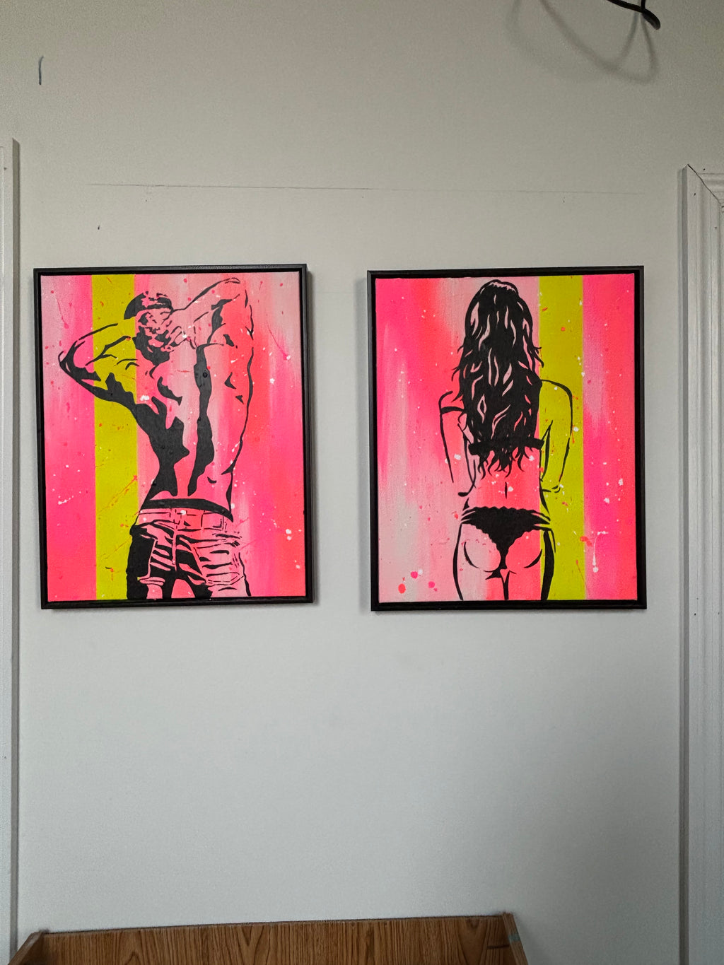 Set of Hot Pink and Neon Yellow Framed Sexy Semi-nude Male and Female Artwork- Free Shipping