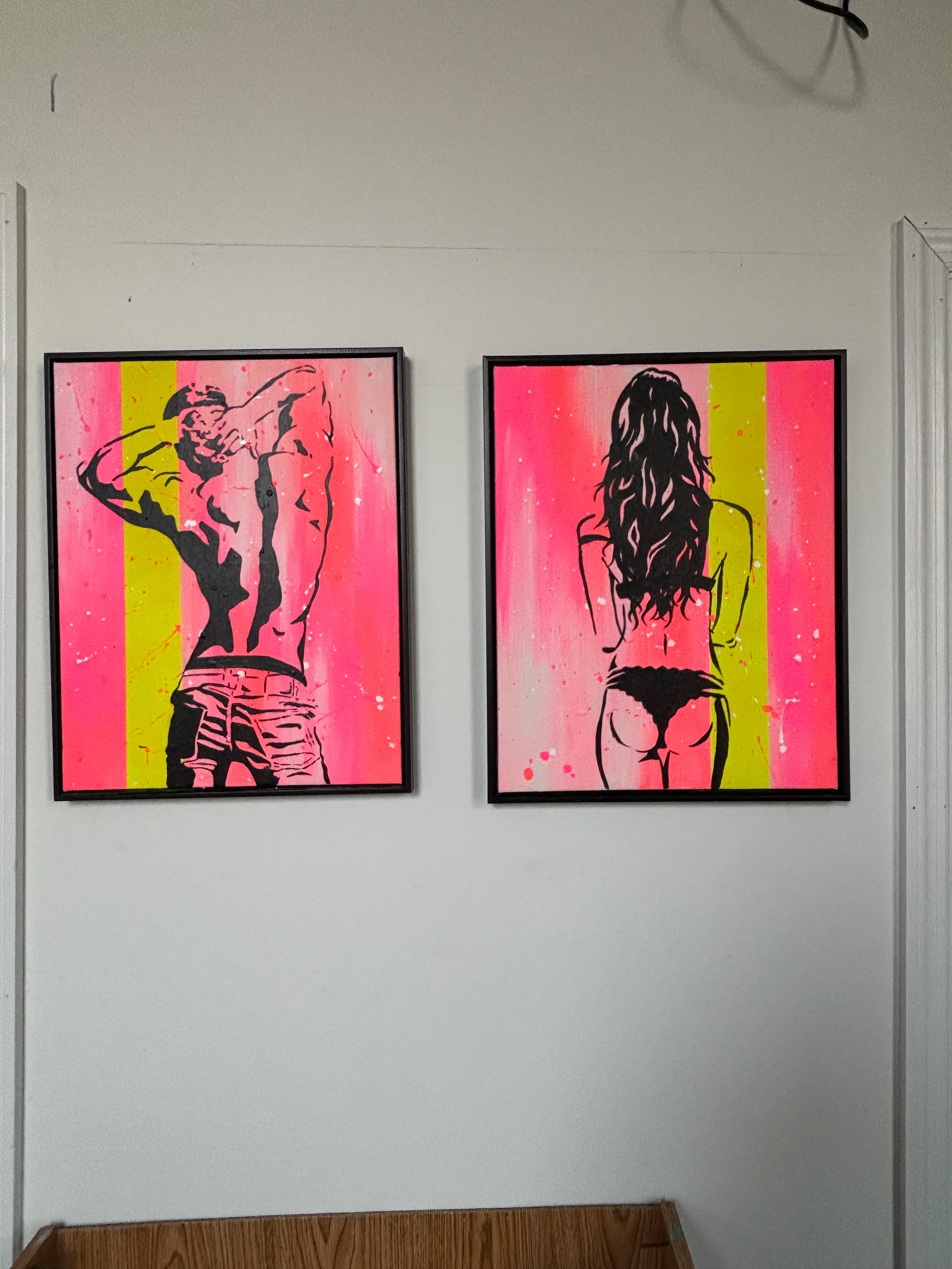 Set of Hot Pink and Neon Yellow Framed Sexy Semi-nude Male and Female Artwork- Free Shipping