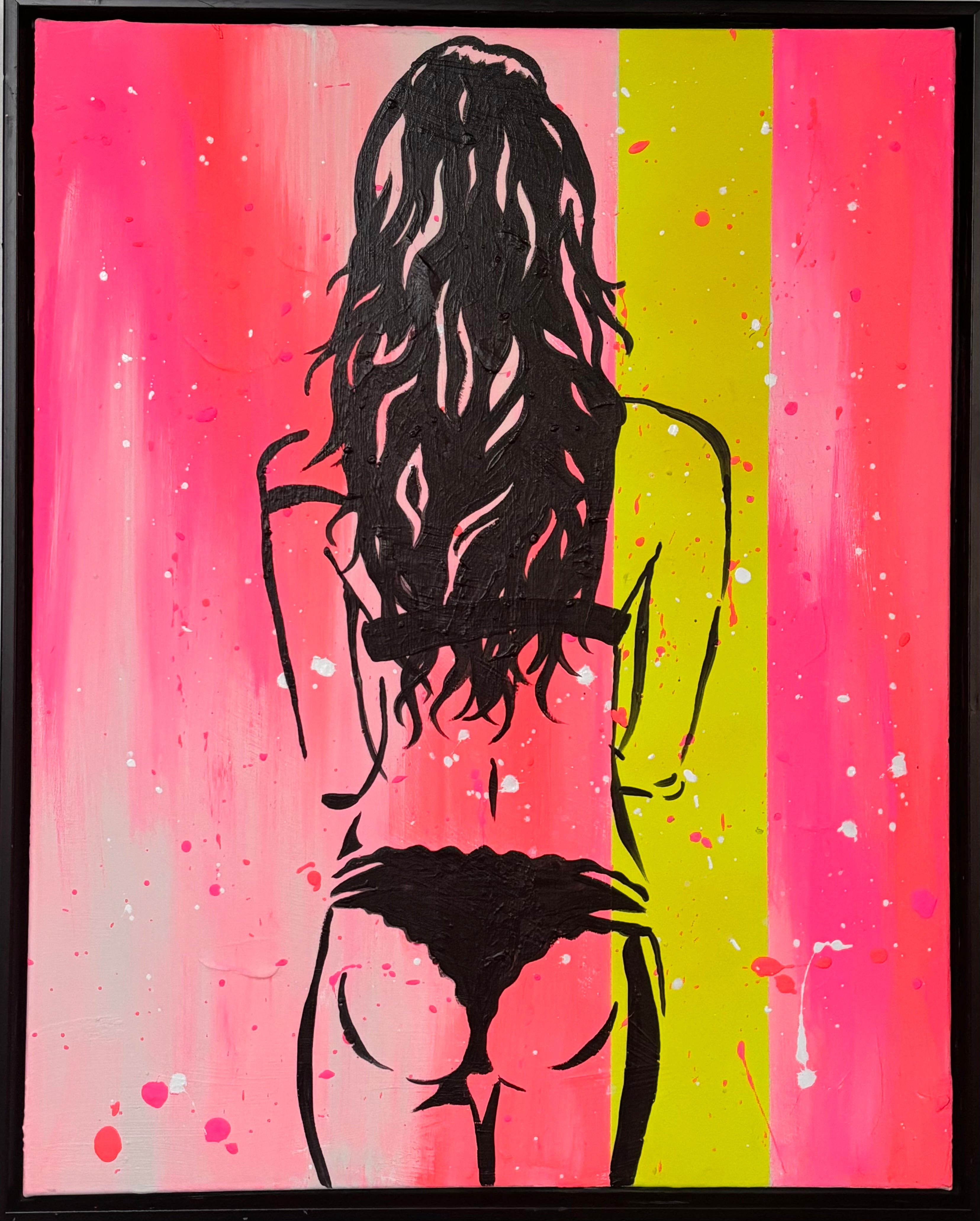 Set of Hot Pink and Neon Yellow Framed Sexy Semi-nude Male and Female Artwork- Free Shipping