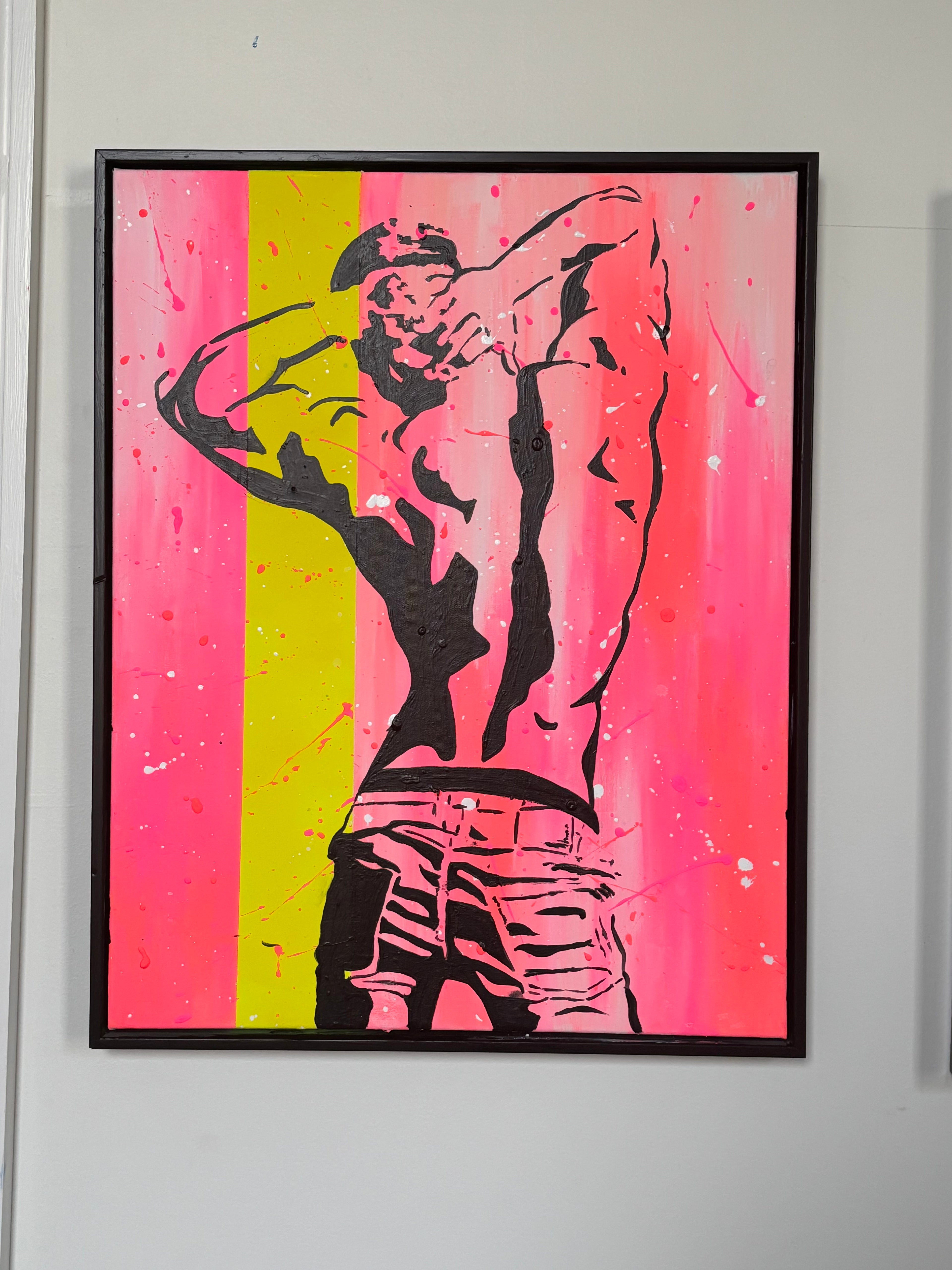 Set of Hot Pink and Neon Yellow Framed Sexy Semi-nude Male and Female Artwork- Free Shipping