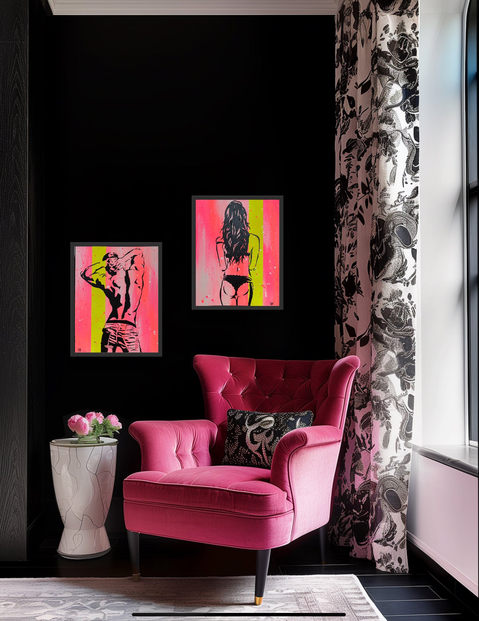 Set of Hot Pink and Neon Yellow Framed Sexy Semi-nude Male and Female Artwork- Free Shipping