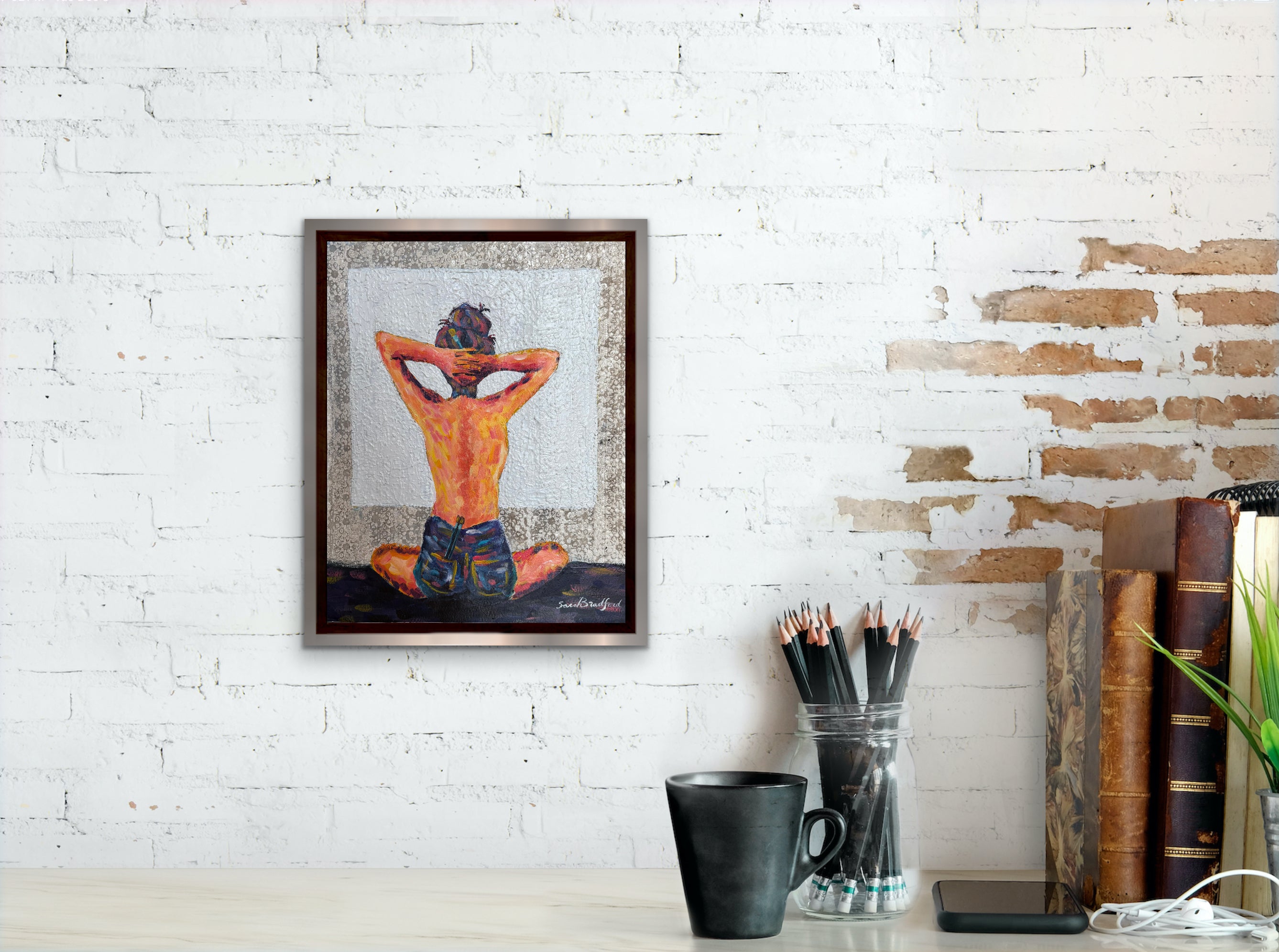 Colorful topless artist multi-media painting- Free Shipping 13” x 16”