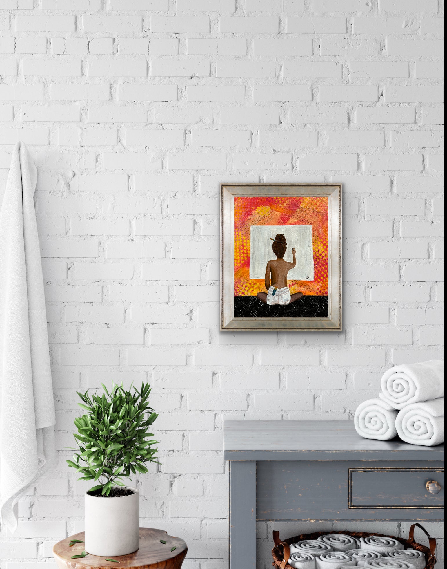 Colorful topless artist multi-media painting- Free Shipping (19” x 24”)