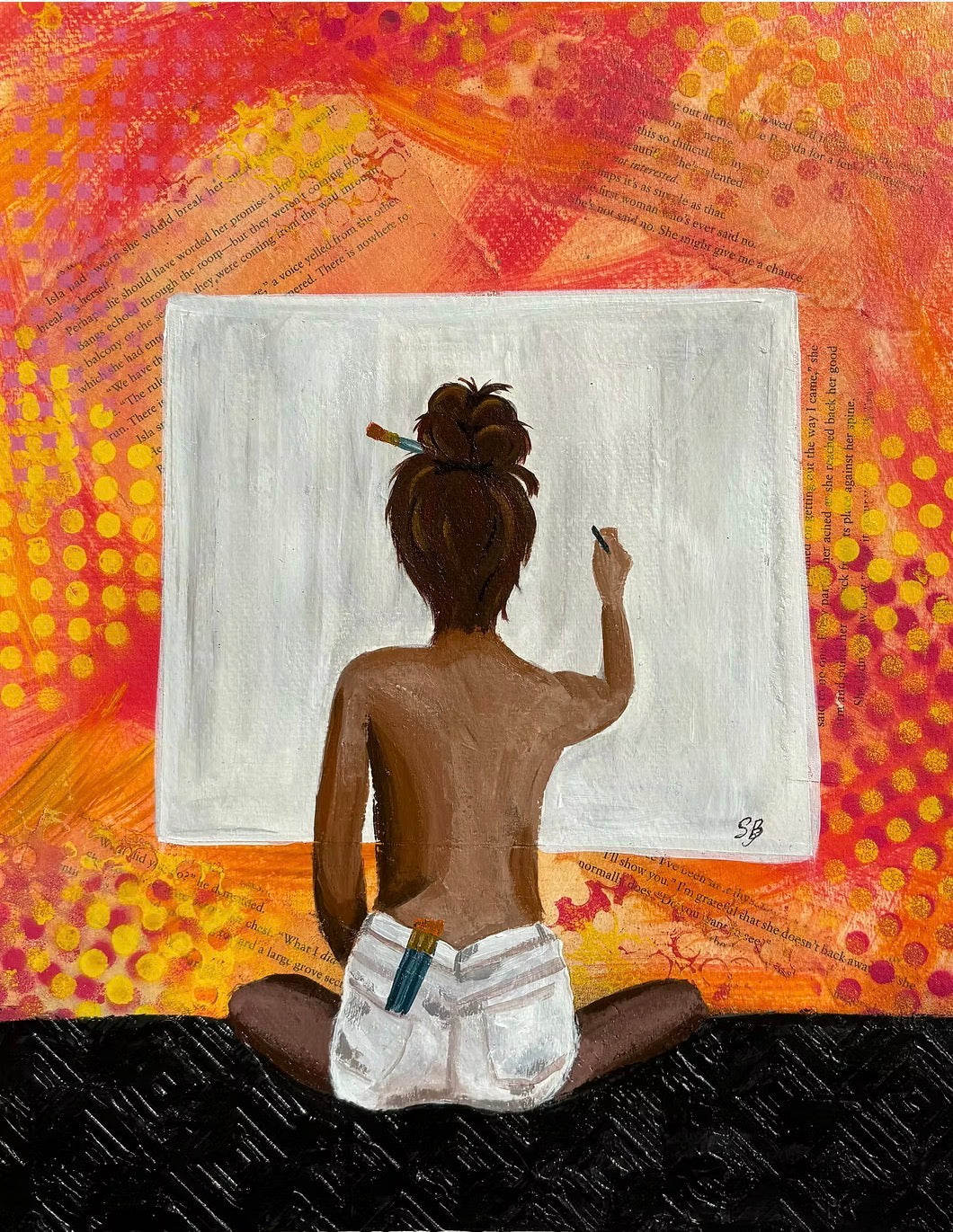 Colorful topless artist multi-media painting- Free Shipping (19” x 24”)